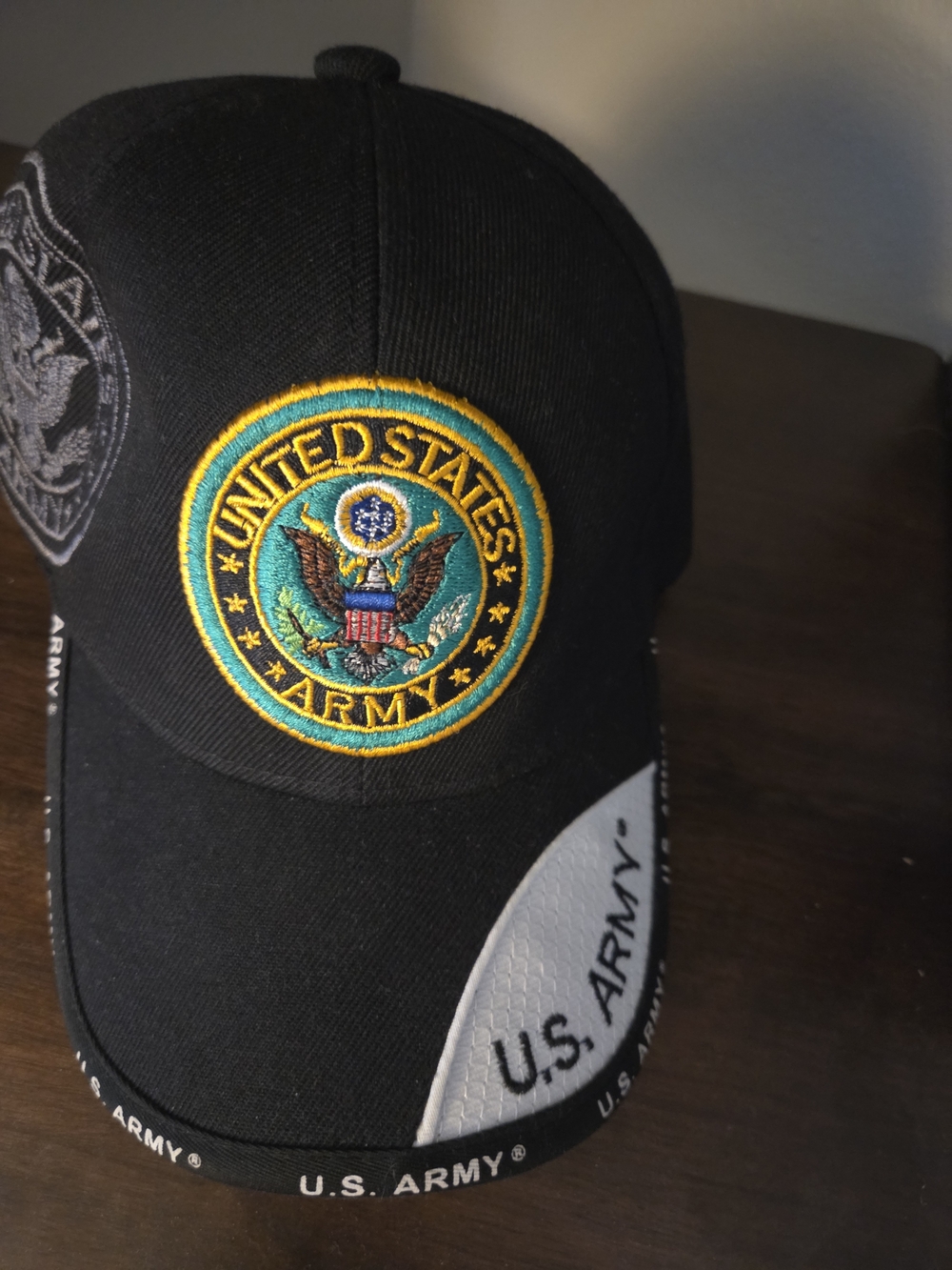 U.S. Army Black Hat with Embroidered Seal and Yellow/Green Accents